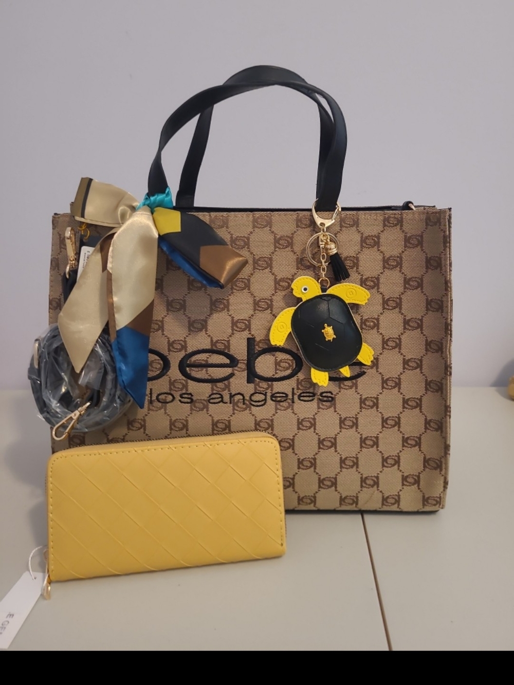 Bebe Tan Logo Tote with Yellow Accents